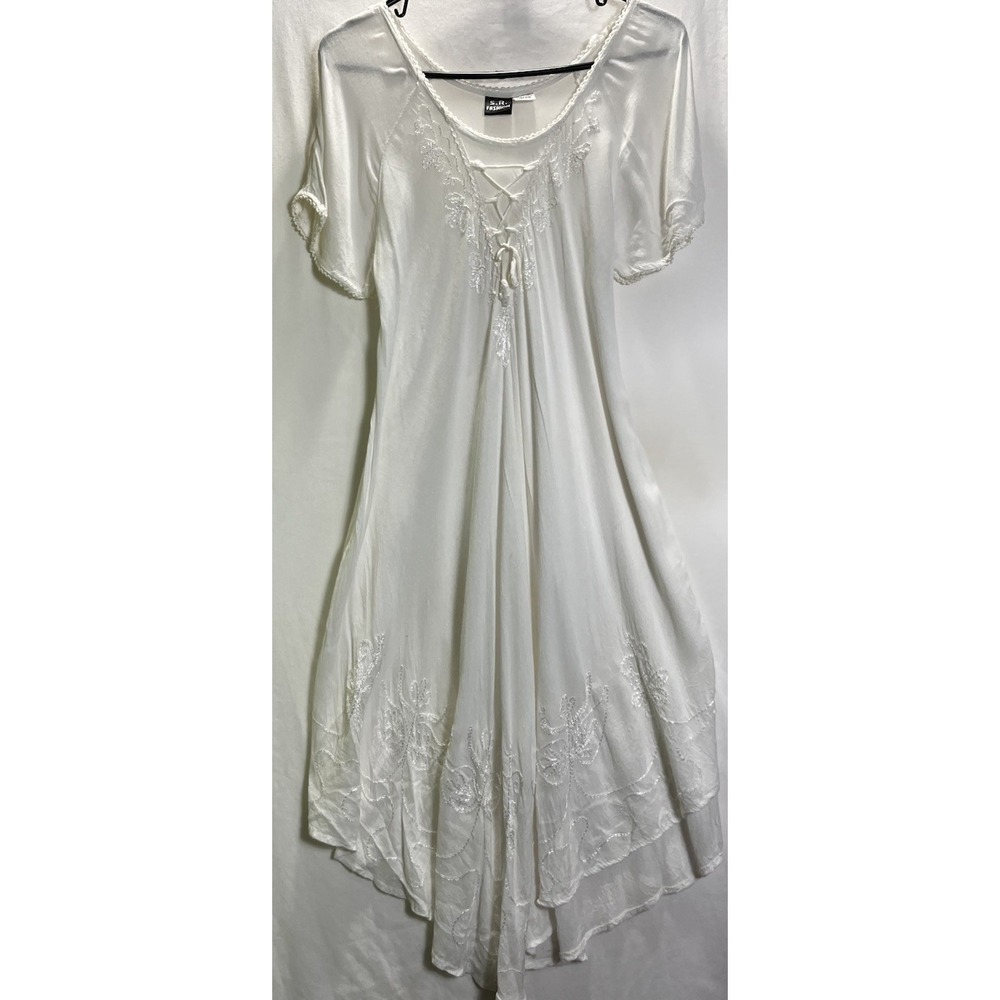 VTG 90's Sheer Embroidered Laceup Midi Dress OS White Boho Festival Fairycore